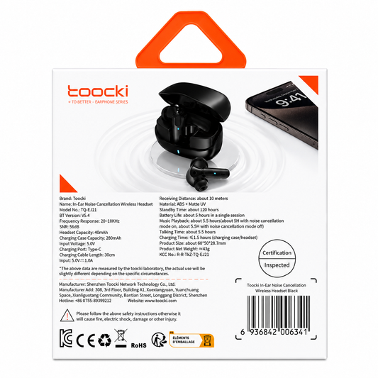 Toocki TQ-EJ21 Wireless Earbuds with Active Noise Cancellation – Bluetooth 5.4, IPX4 Waterproof (Black)