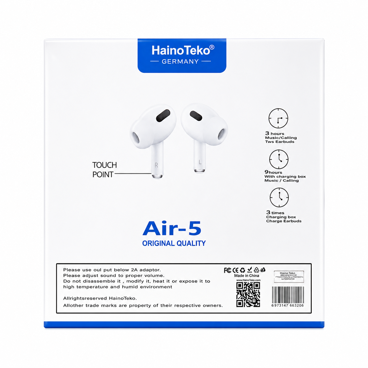 HainoTeko Air-5 Original Quality Wireless Earbuds – Bluetooth Earphones with Touch Control & Charging Case
