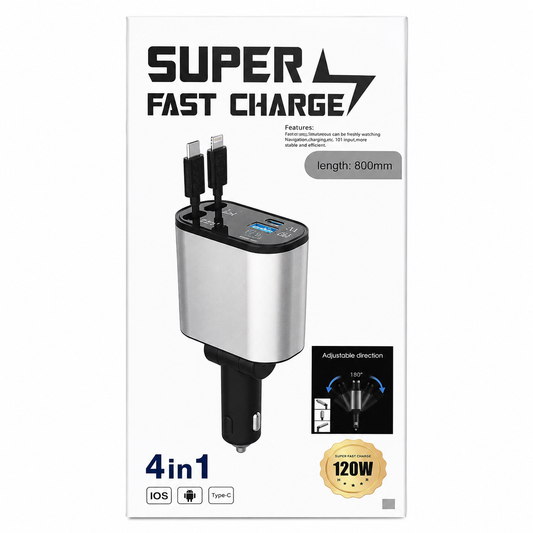 120W 4-in-1 Super Fast Car Charger with Built-in USB-C & Lightning Cables | Dual USB Ports